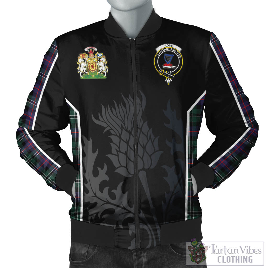 Tartan Vibes Clothing Rose Hunting Modern Tartan Bomber Jacket with Family Crest and Scottish Thistle Vibes Sport Style