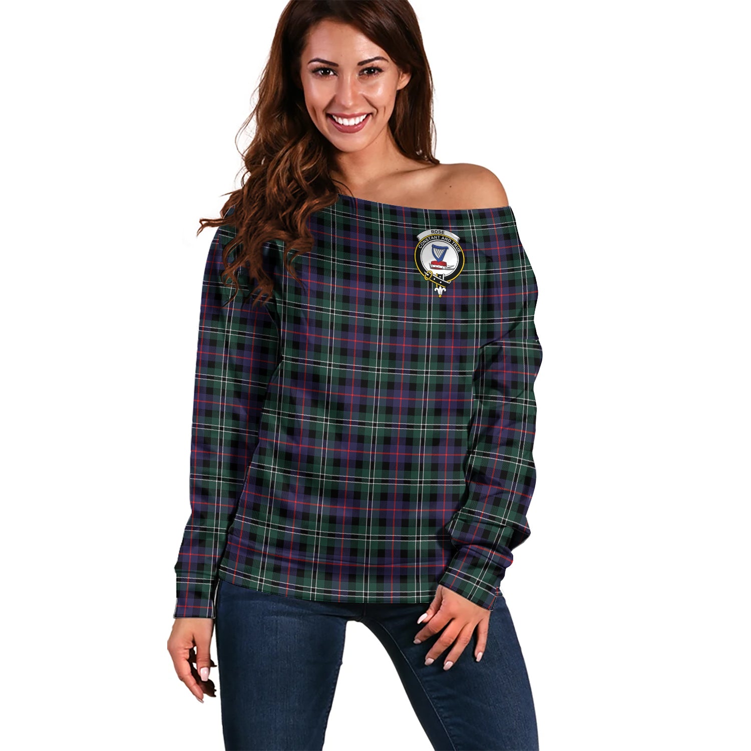 Rose Hunting Modern Tartan Off Shoulder Women Sweater with Family Crest Women - Tartanvibesclothing Shop