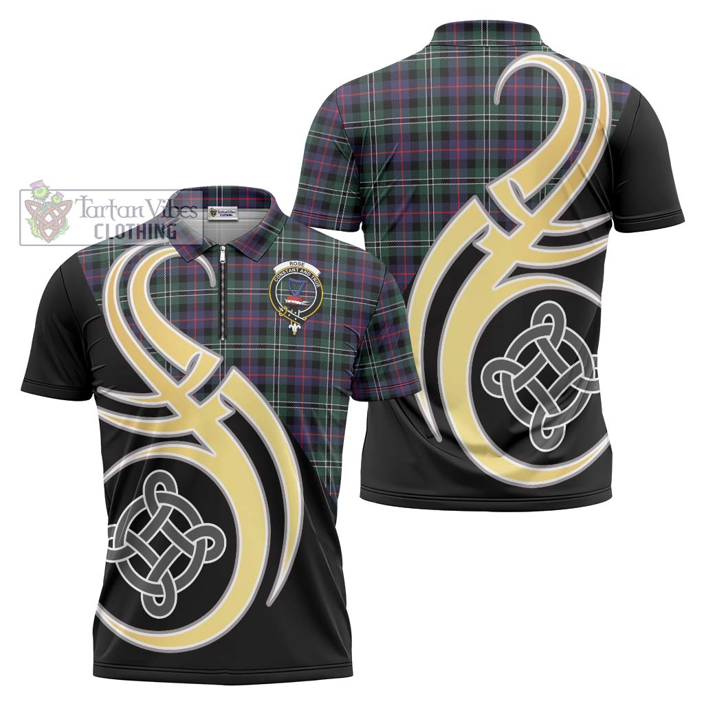 Tartan Vibes Clothing Rose Hunting Modern Tartan Zipper Polo Shirt with Family Crest and Celtic Symbol Style