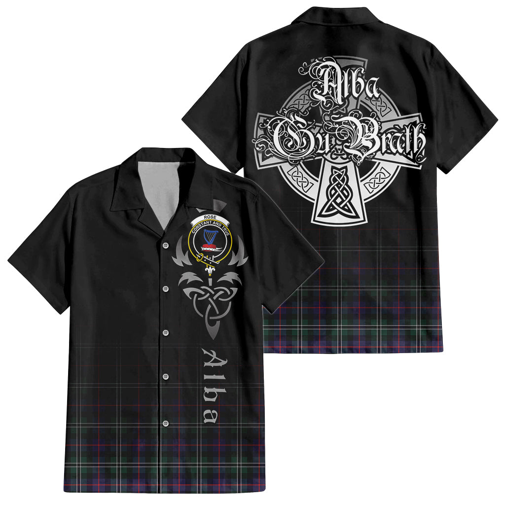 Tartan Vibes Clothing Rose Hunting Modern Tartan Short Sleeve Button Up Featuring Alba Gu Brath Family Crest Celtic Inspired