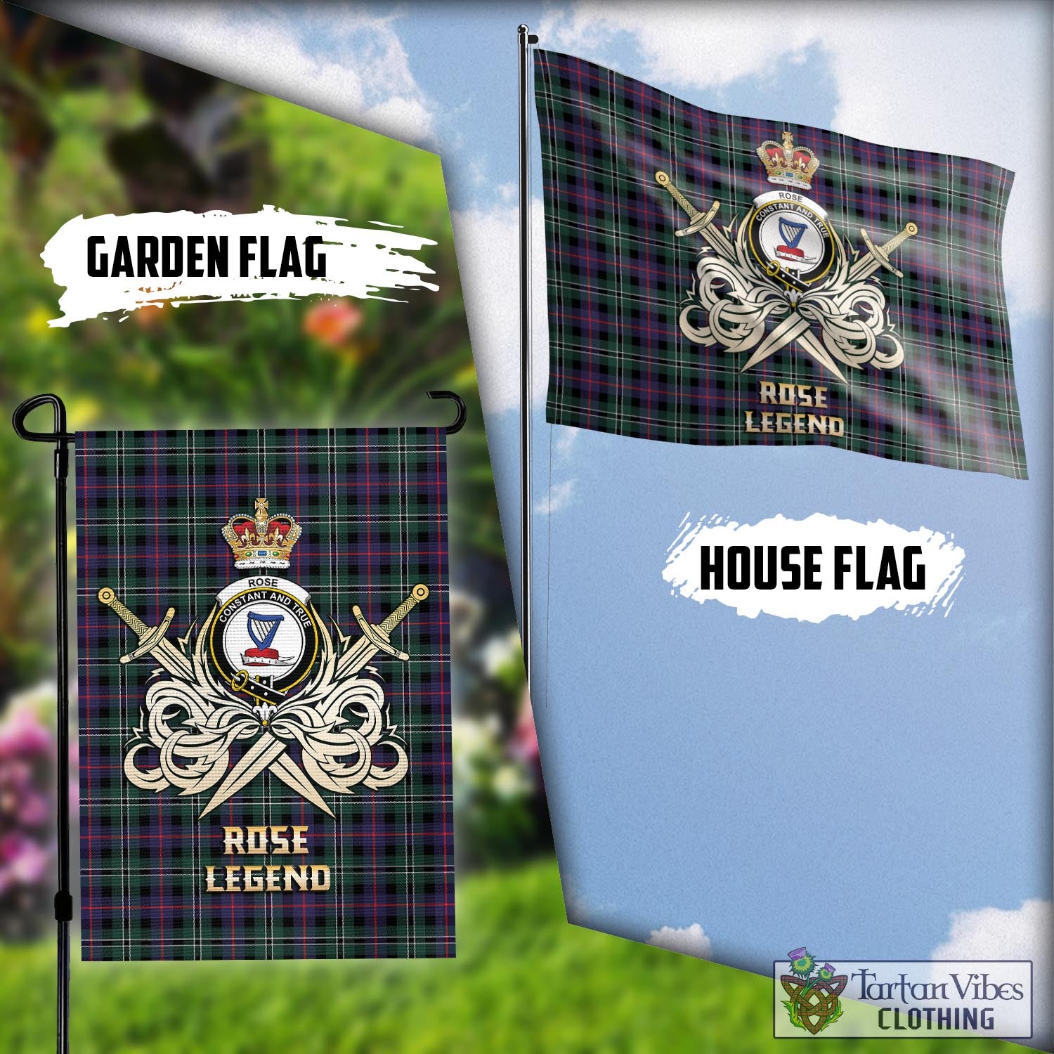 Tartan Vibes Clothing Rose Hunting Modern Tartan Flag with Clan Crest and the Golden Sword of Courageous Legacy