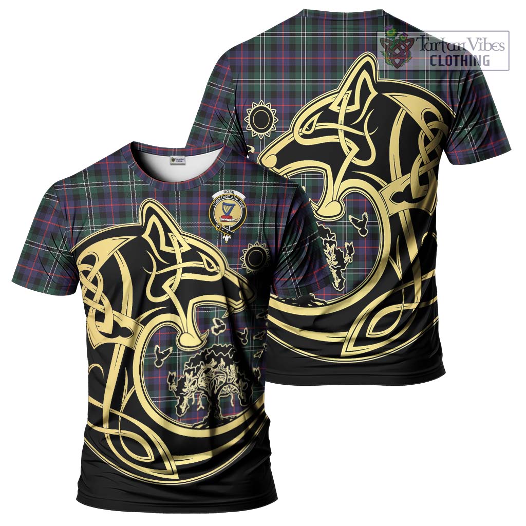 Tartan Vibes Clothing Rose Hunting Modern Tartan T-Shirt with Family Crest Celtic Wolf Style