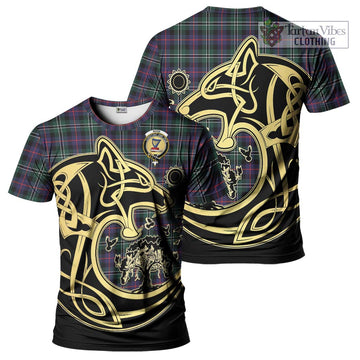 Rose Hunting Modern Tartan T-Shirt with Family Crest Celtic Wolf Style