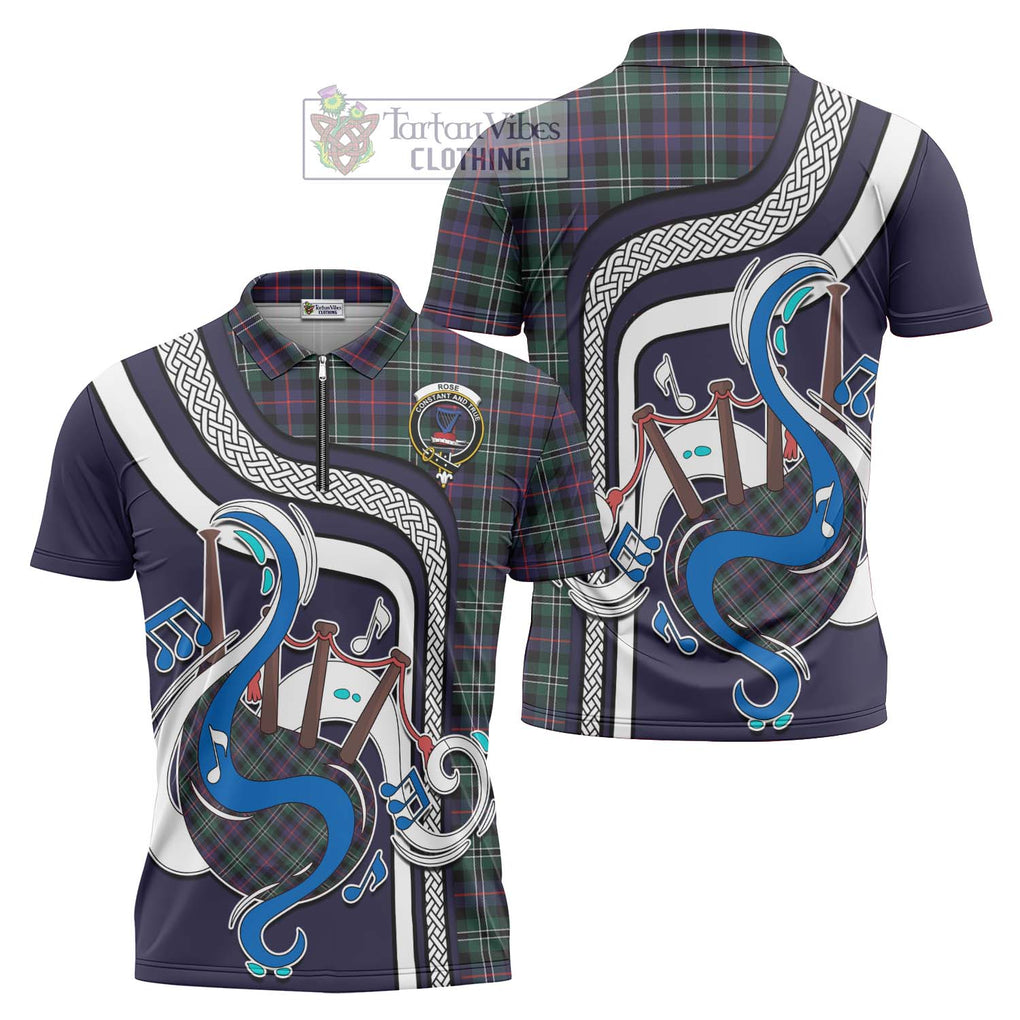 Rose Hunting Modern Tartan Zipper Polo Shirt with Epic Bagpipe Style Unisex - Tartanvibesclothing Shop