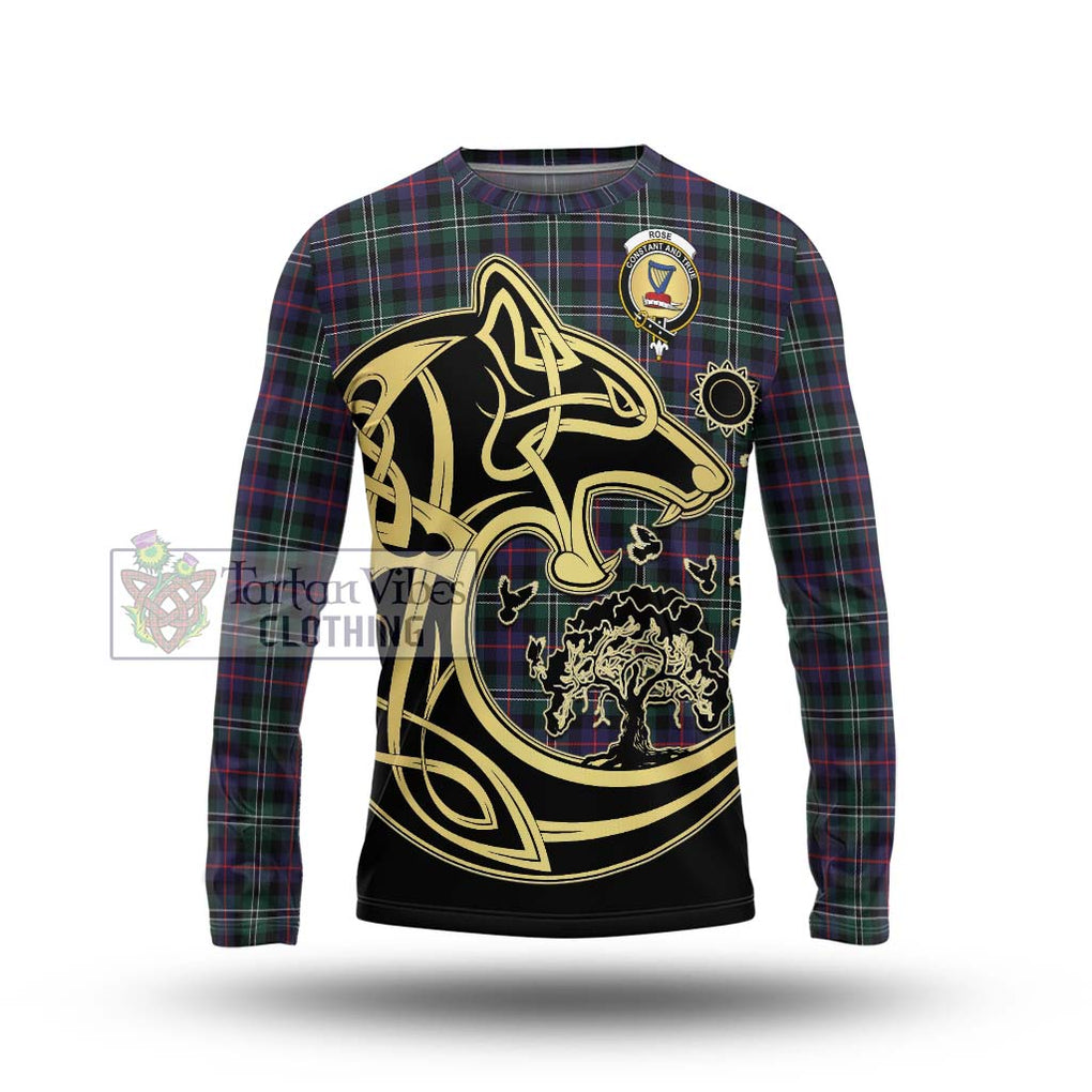 Rose Hunting Modern Tartan Long Sleeve T-Shirt with Family Crest Celtic Wolf Style Unisex - Tartan Vibes Clothing