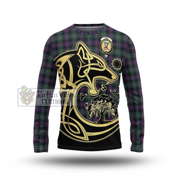 Rose Hunting Modern Tartan Long Sleeve T-Shirt with Family Crest Celtic Wolf Style