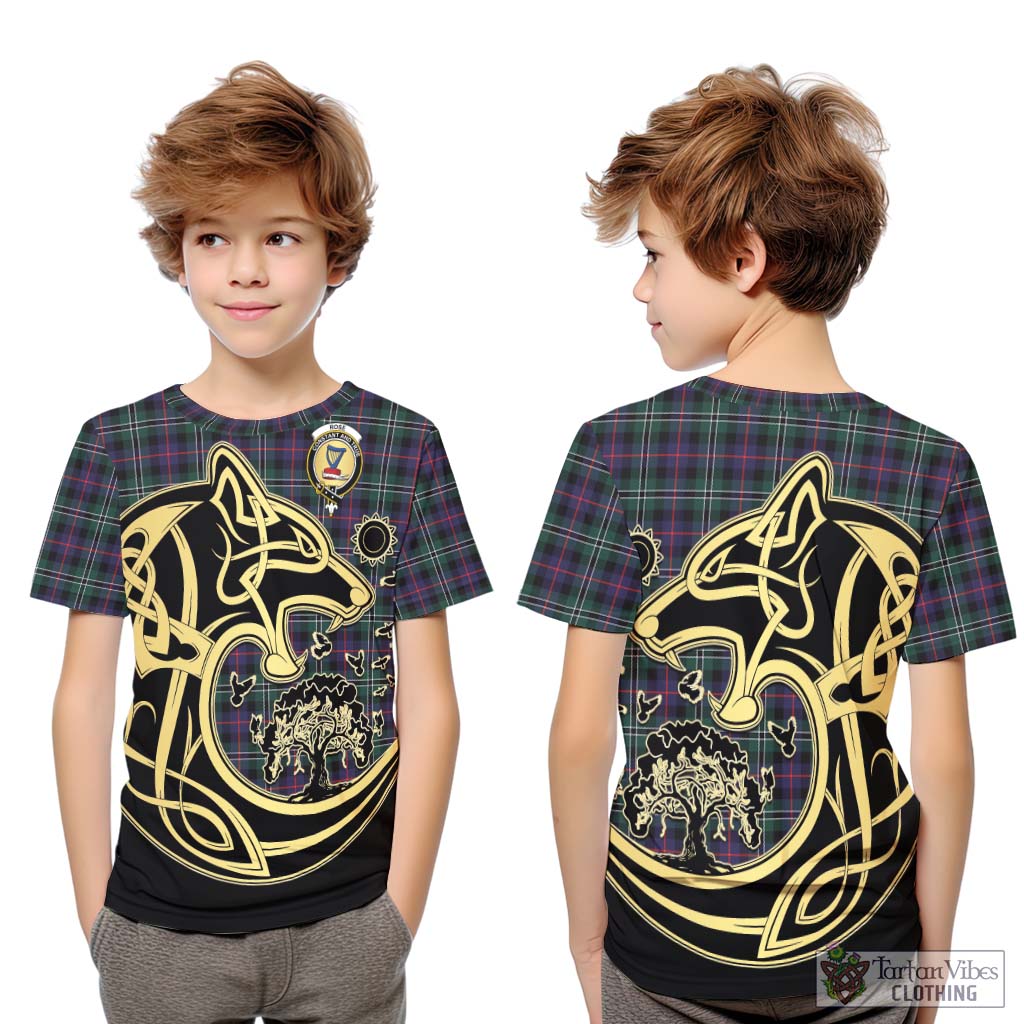 Tartan Vibes Clothing Rose Hunting Modern Tartan Kid T-Shirt with Family Crest Celtic Wolf Style