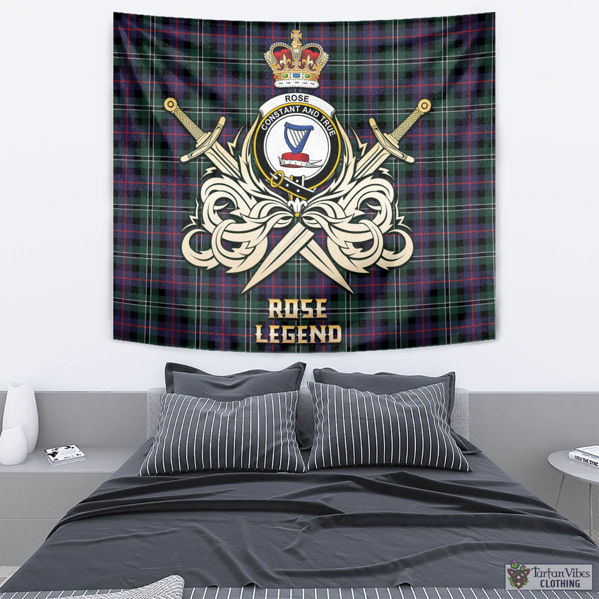 Tartan Vibes Clothing Rose Hunting Modern Tartan Tapestry with Clan Crest and the Golden Sword of Courageous Legacy