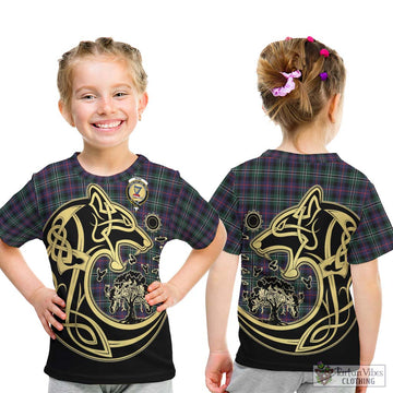 Rose Hunting Modern Tartan Kid T-Shirt with Family Crest Celtic Wolf Style
