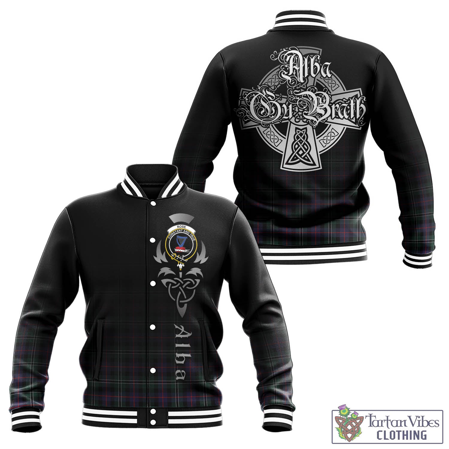 Tartan Vibes Clothing Rose Hunting Modern Tartan Baseball Jacket Featuring Alba Gu Brath Family Crest Celtic Inspired