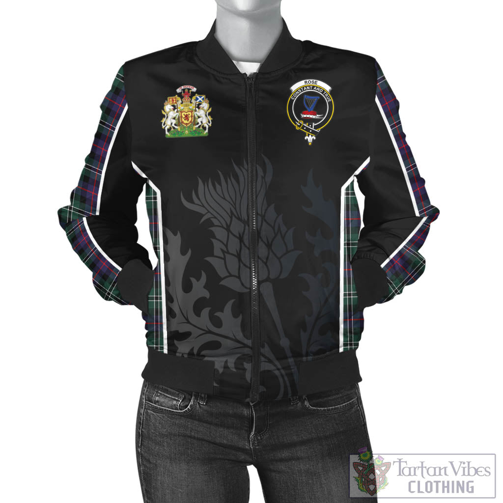 Tartan Vibes Clothing Rose Hunting Modern Tartan Bomber Jacket with Family Crest and Scottish Thistle Vibes Sport Style