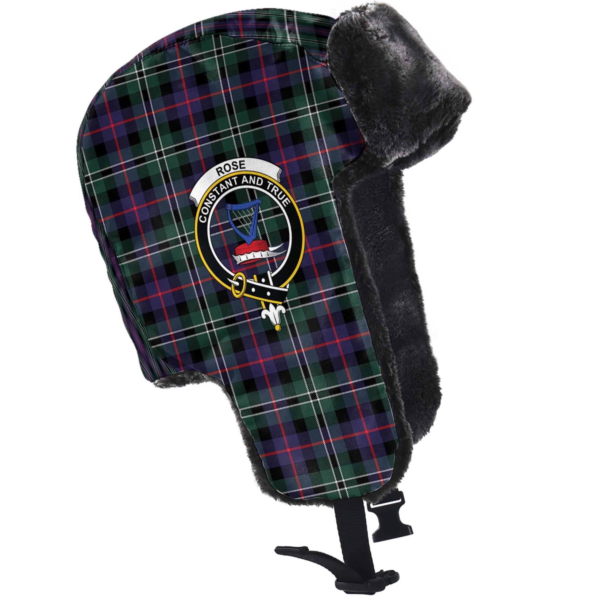 Rose Hunting Modern Tartan Winter Trapper Hat with Family Crest - Tartanvibesclothing