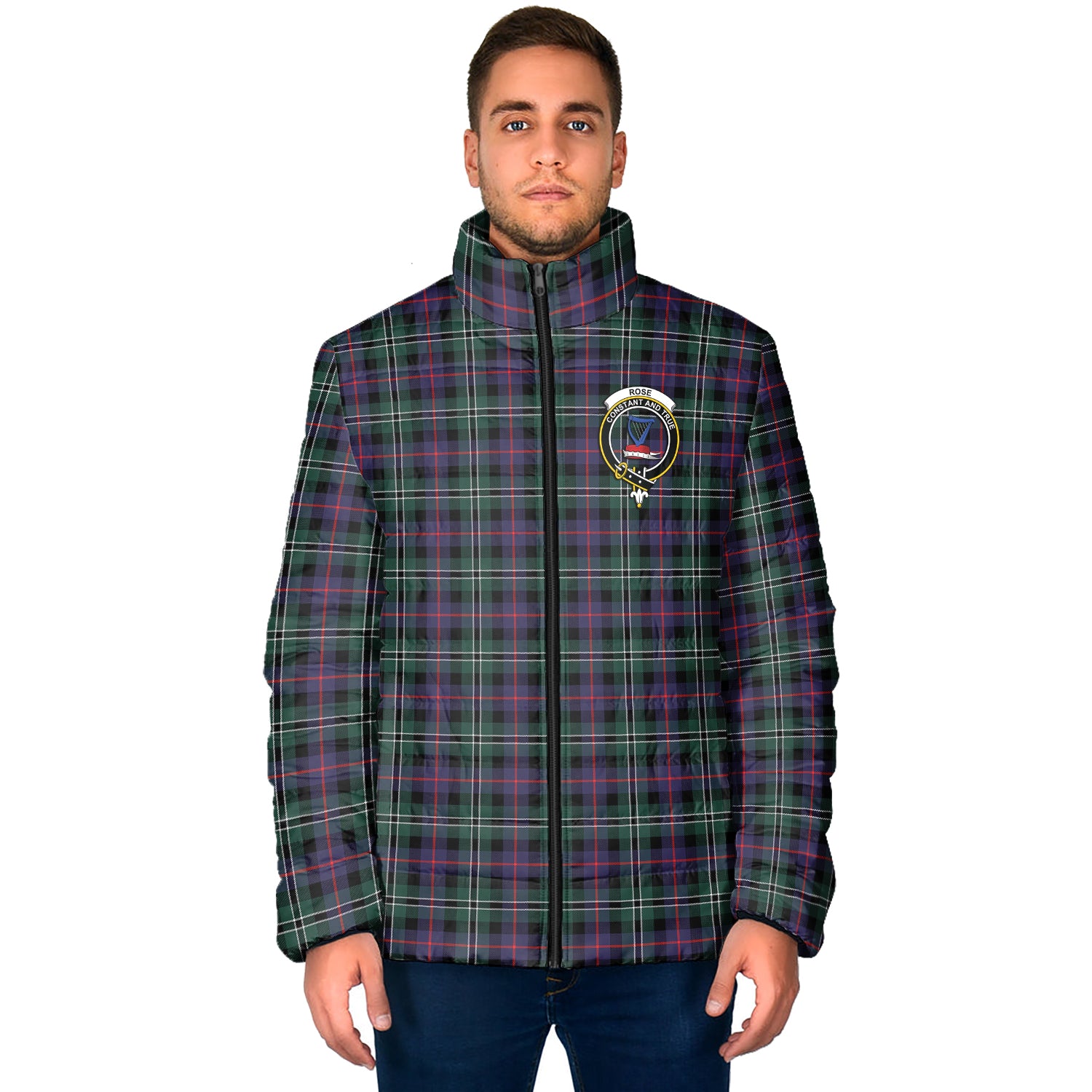 Rose Hunting Modern Tartan Padded Jacket with Family Crest - Tartan Vibes Clothing