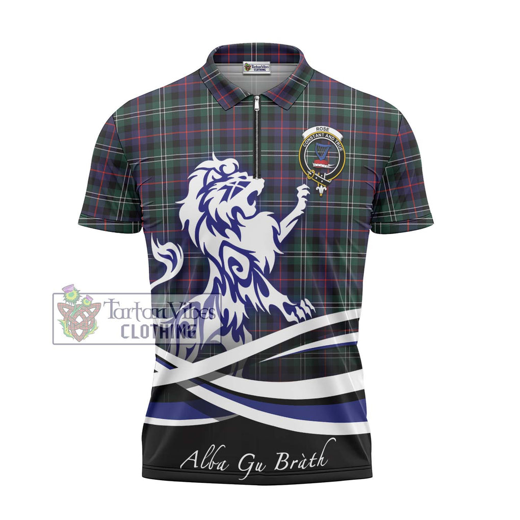 Rose Hunting Modern Tartan Zipper Polo Shirt with Alba Gu Brath Regal Lion Emblem - Tartanvibesclothing Shop