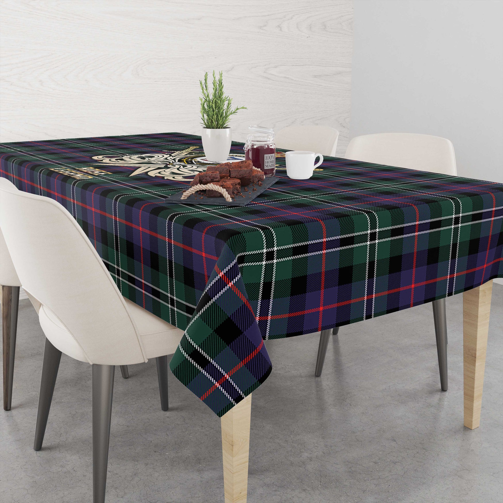 Tartan Vibes Clothing Rose Hunting Modern Tartan Tablecloth with Clan Crest and the Golden Sword of Courageous Legacy