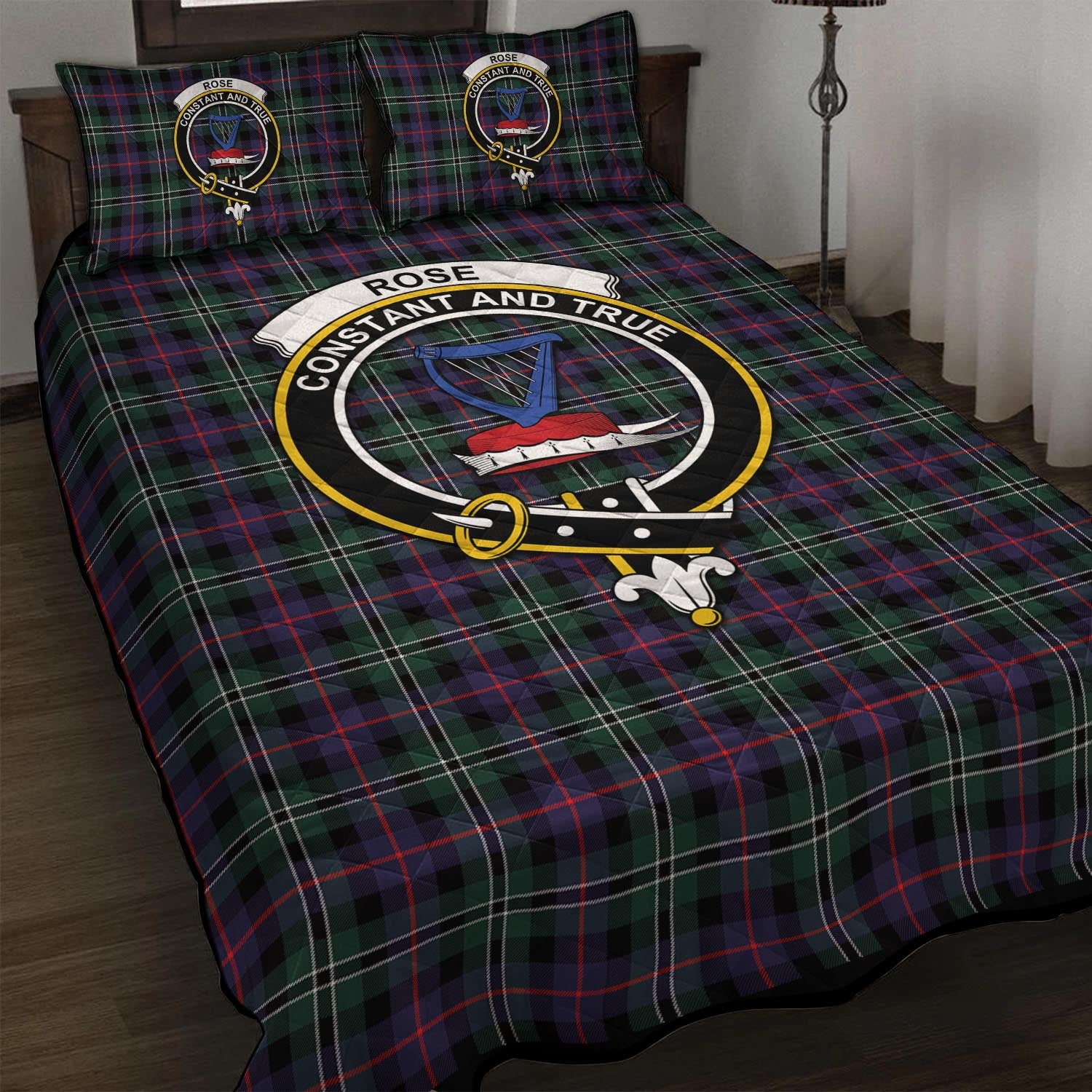 Rose Hunting Modern Tartan Quilt Bed Set with Family Crest