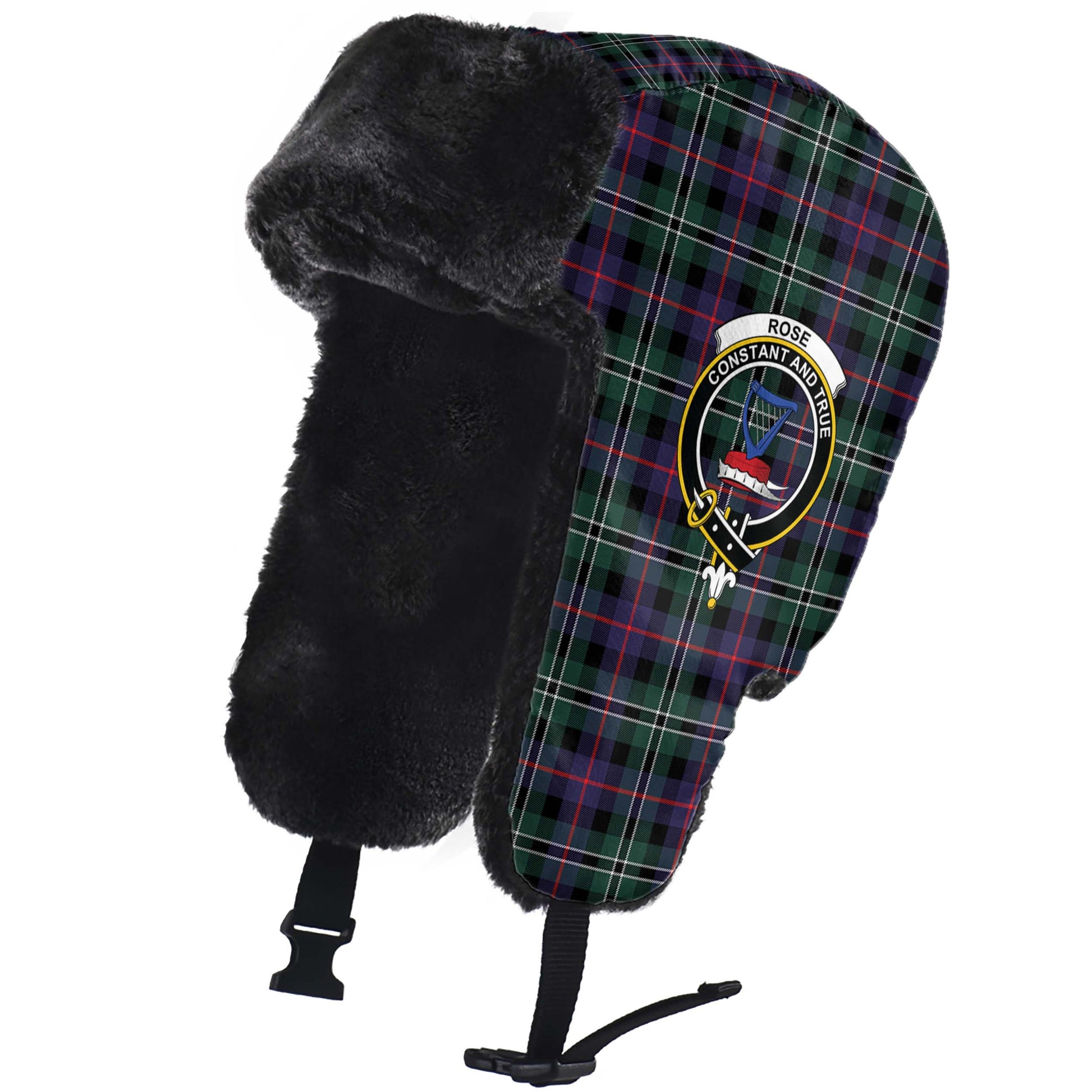 Rose Hunting Modern Tartan Winter Trapper Hat with Family Crest - Tartanvibesclothing