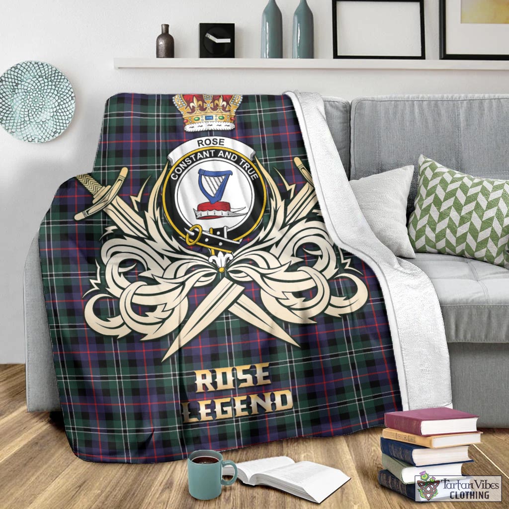 Tartan Vibes Clothing Rose Hunting Modern Tartan Blanket with Clan Crest and the Golden Sword of Courageous Legacy