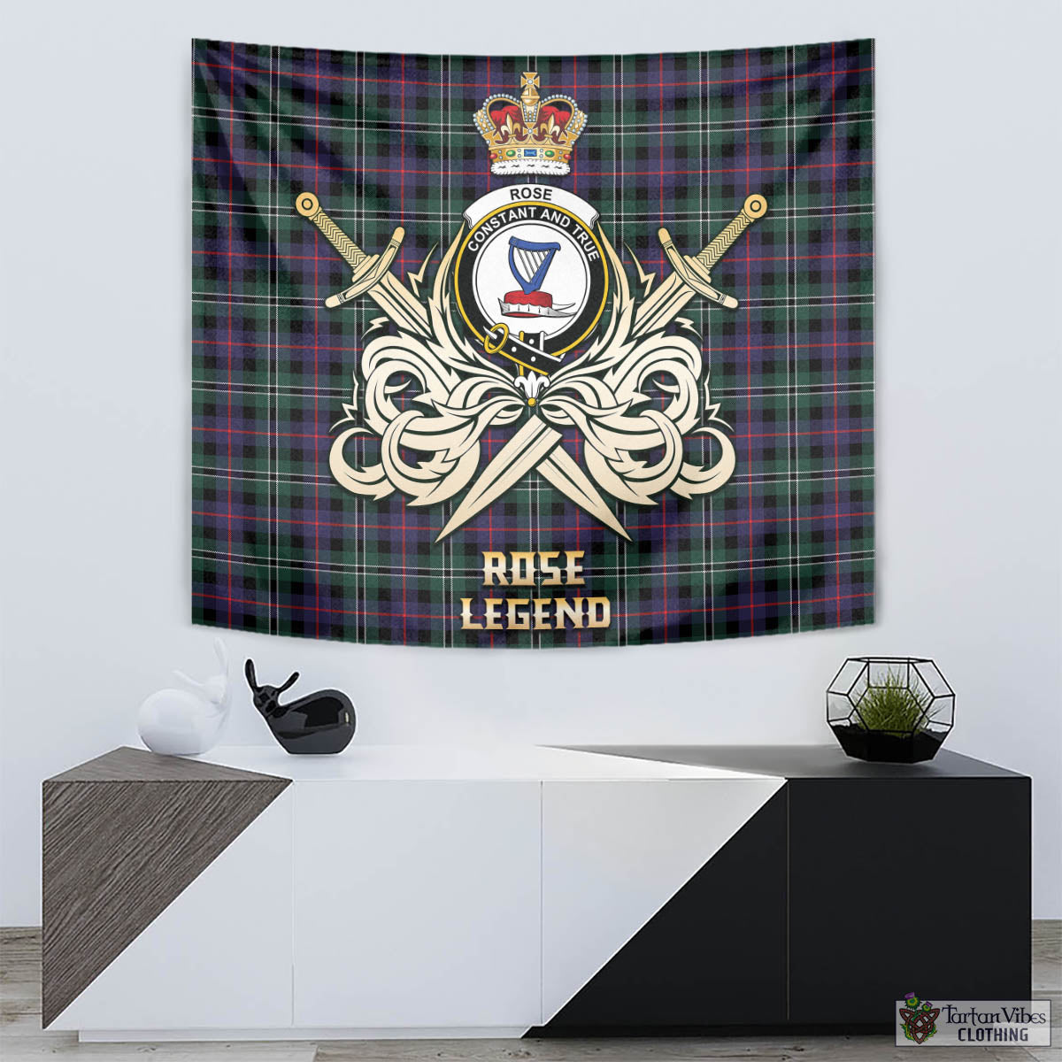 Tartan Vibes Clothing Rose Hunting Modern Tartan Tapestry with Clan Crest and the Golden Sword of Courageous Legacy