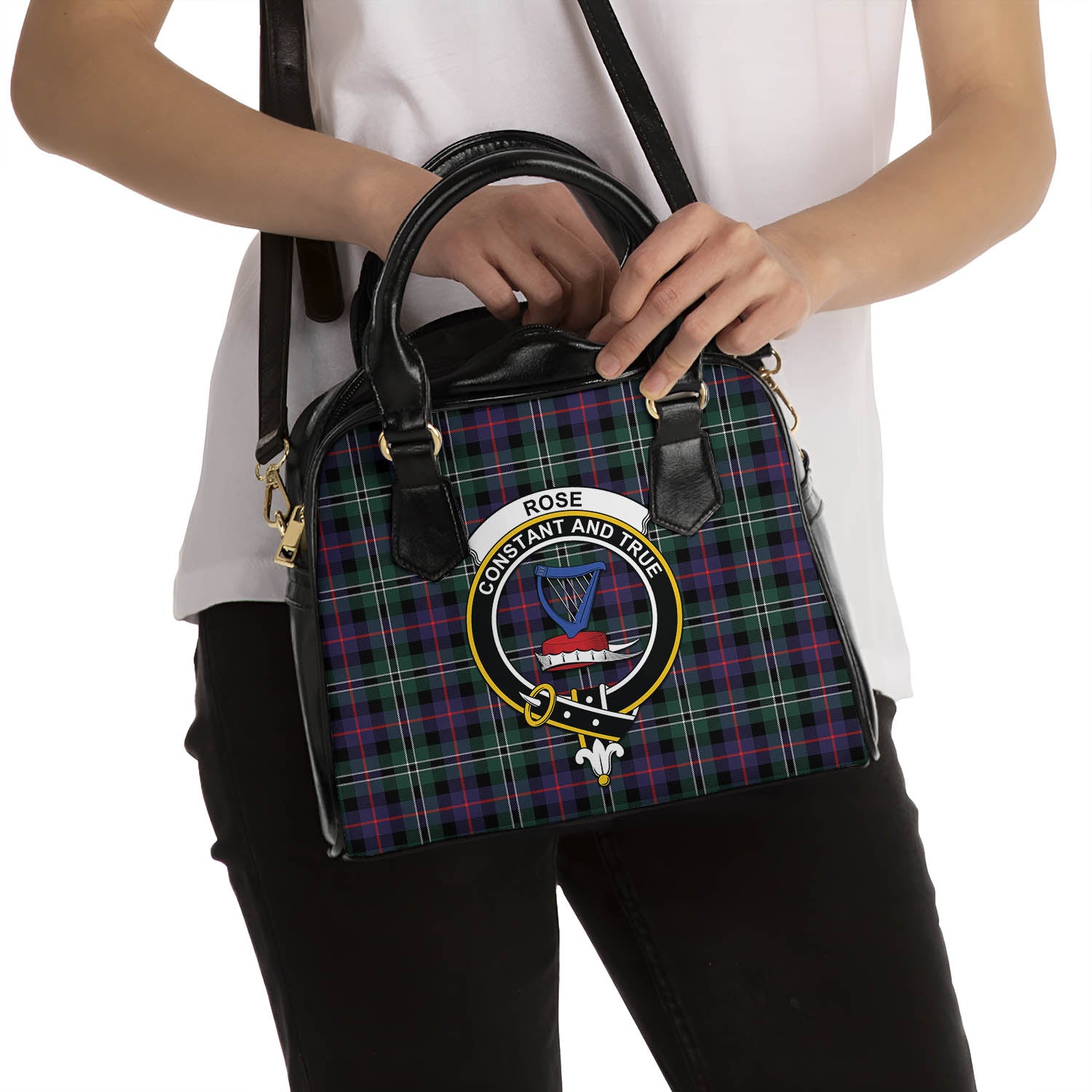 Rose Hunting Modern Tartan Shoulder Handbags with Family Crest - Tartanvibesclothing