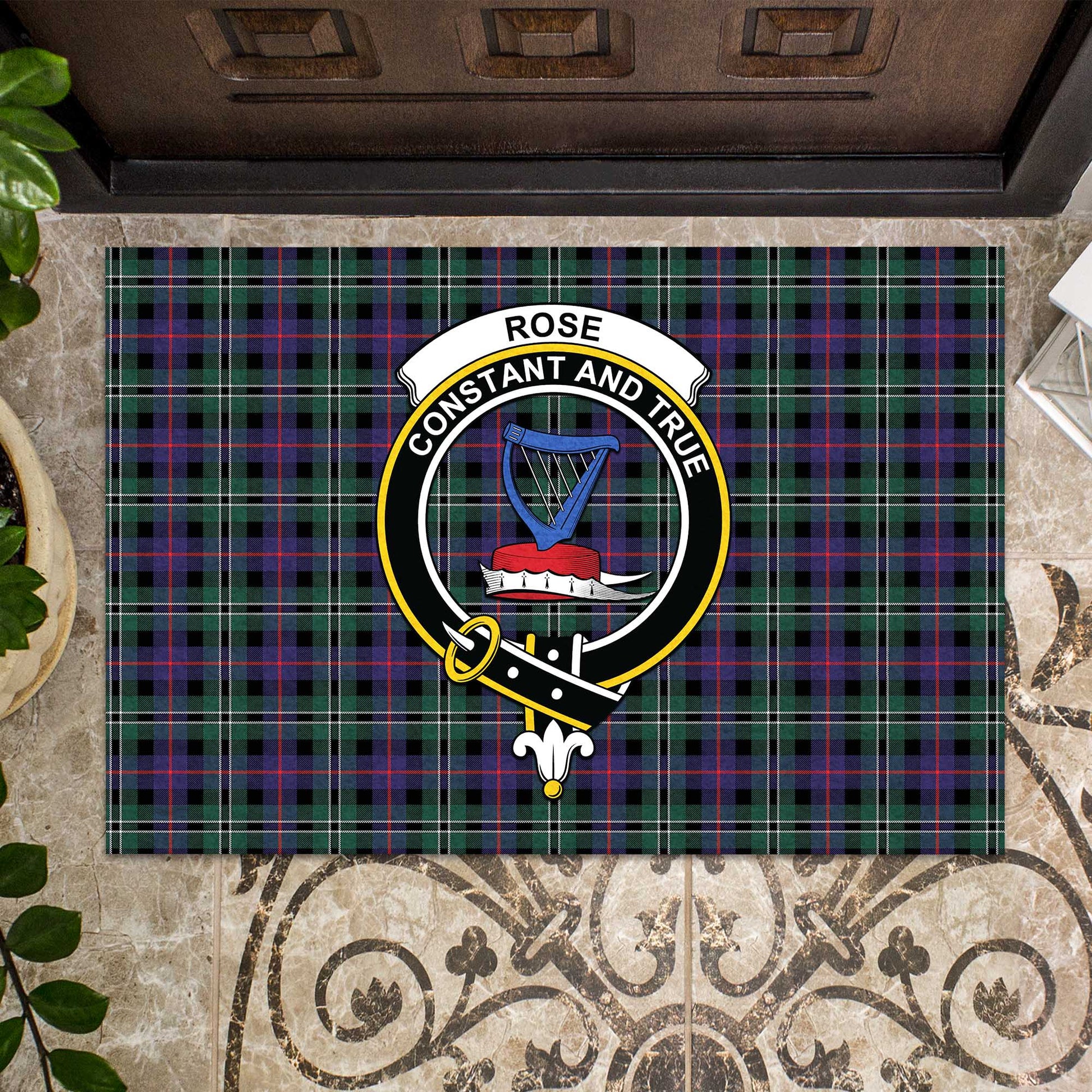 Rose Hunting Modern Tartan Door Mat with Family Crest - Tartanvibesclothing Shop