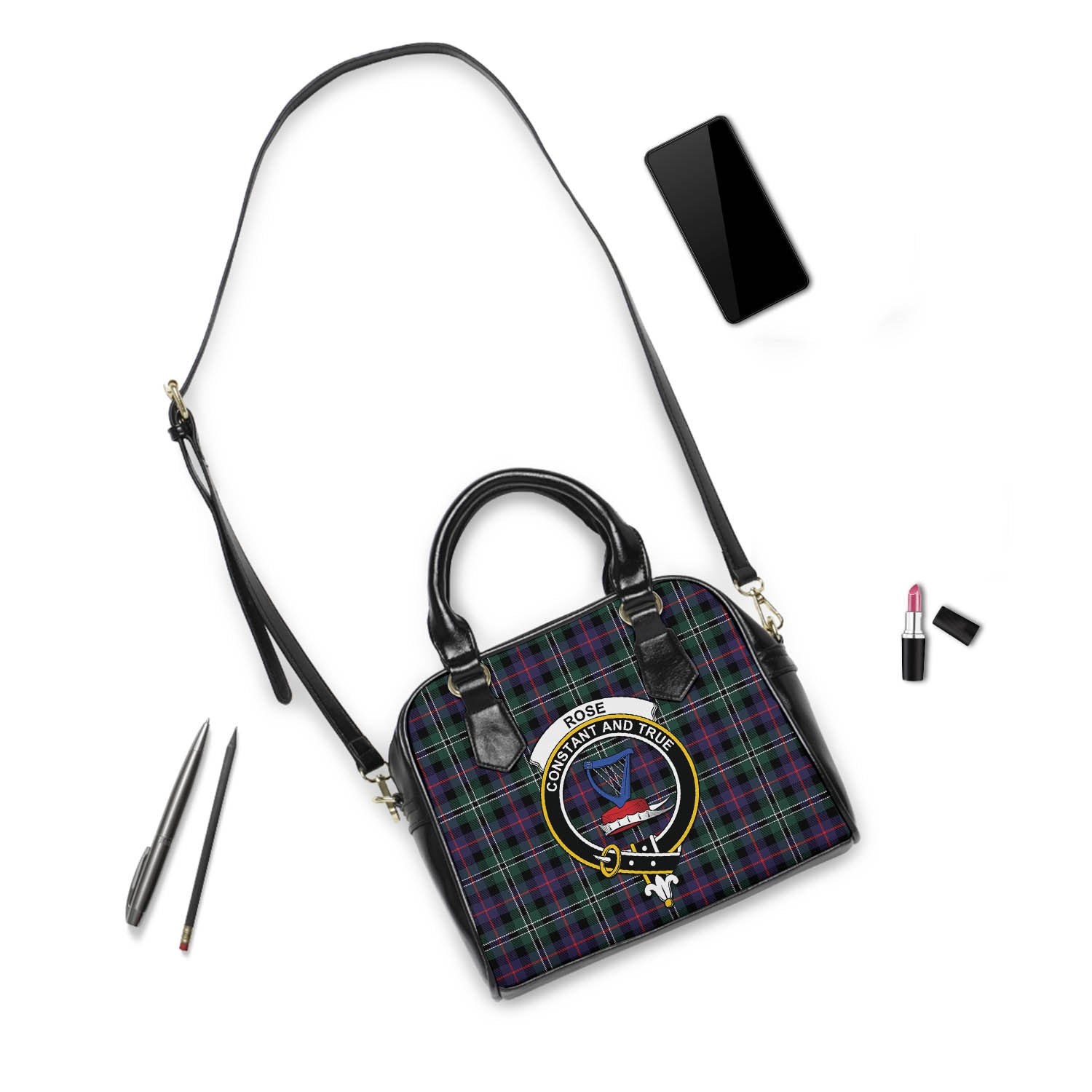 Rose Hunting Modern Tartan Shoulder Handbags with Family Crest - Tartanvibesclothing