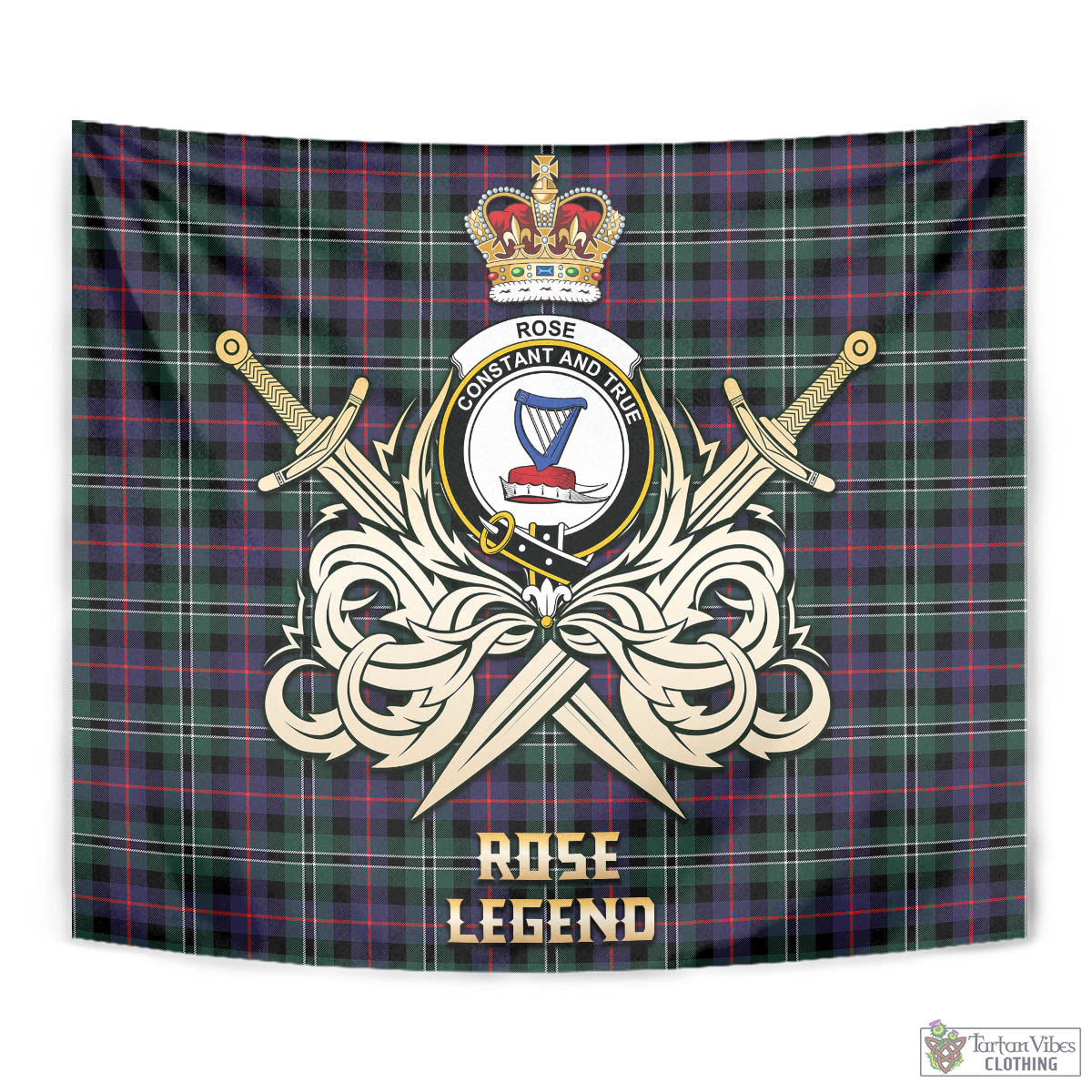 Tartan Vibes Clothing Rose Hunting Modern Tartan Tapestry with Clan Crest and the Golden Sword of Courageous Legacy