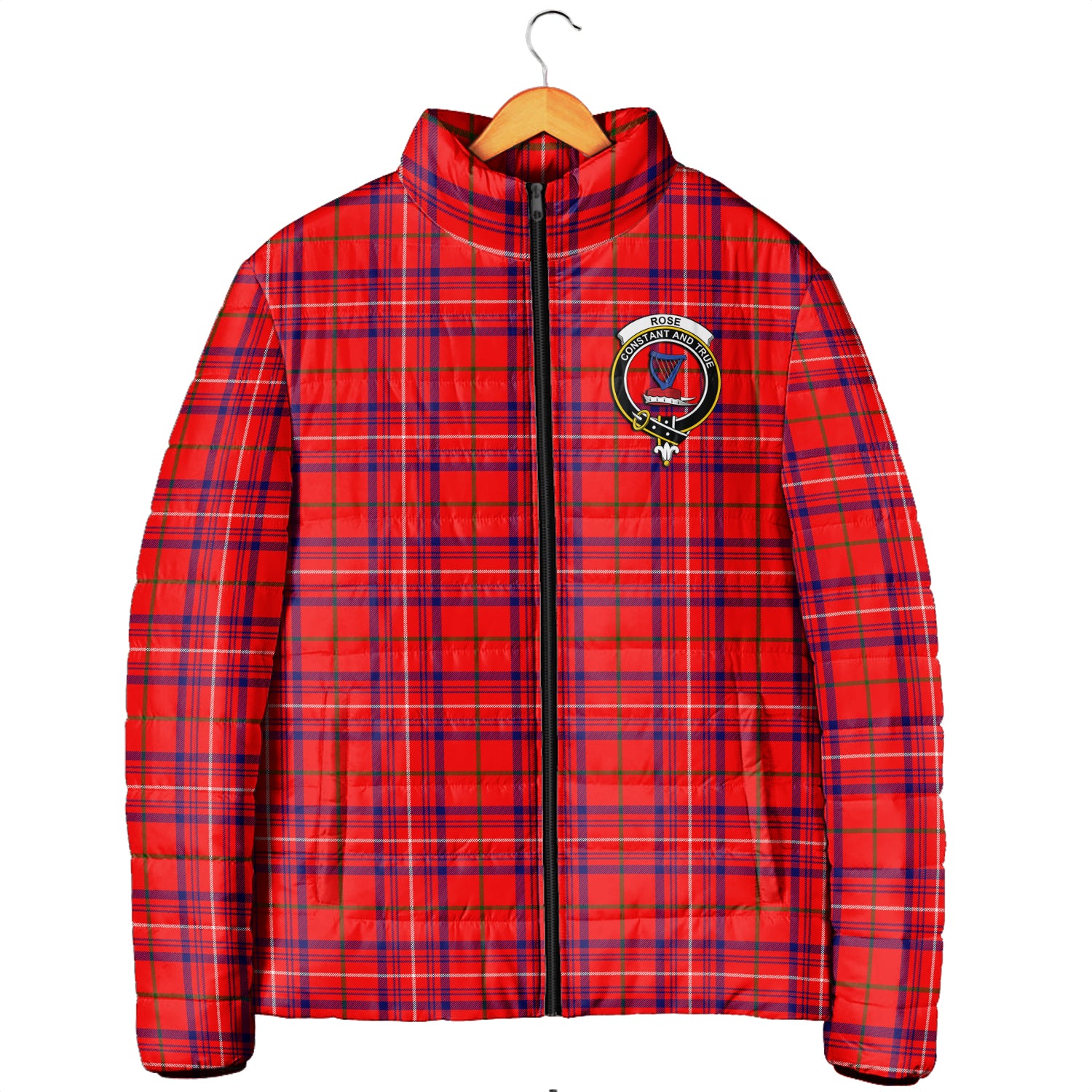 Rose Modern Tartan Padded Jacket with Family Crest Men's Padded Jacket - Tartan Vibes Clothing