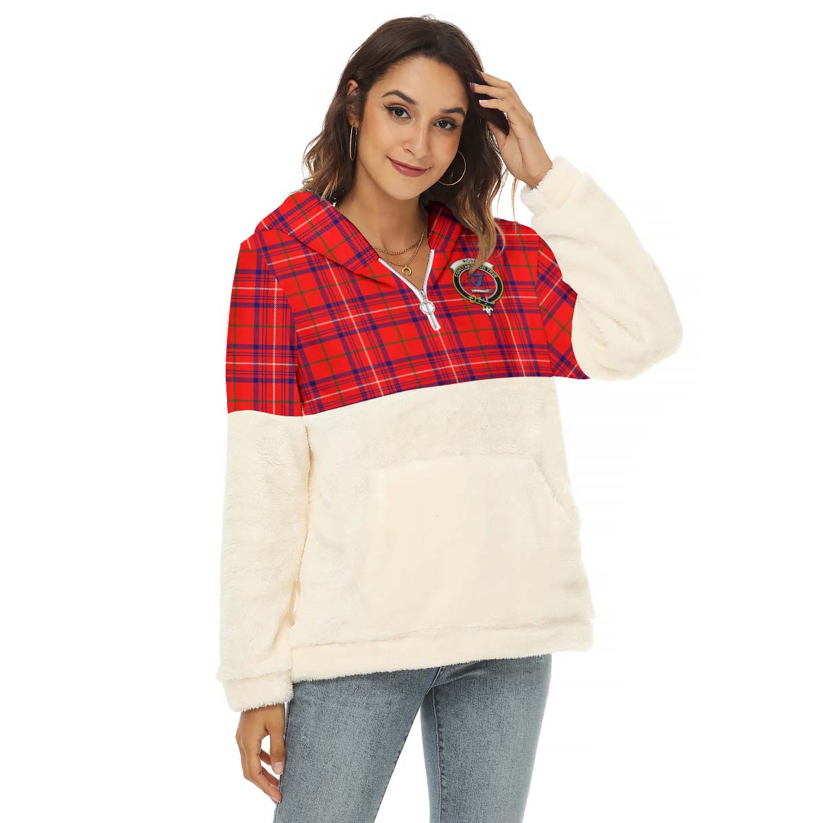 Rose Modern Tartan Women's Borg Fleece Hoodie With Half Zip with Family Crest Female - Tartan Vibes Clothing