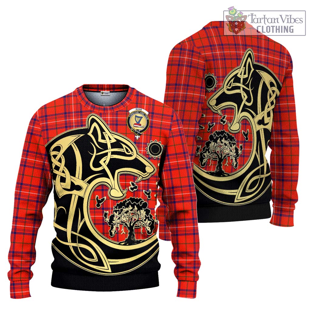 Tartan Vibes Clothing Rose Modern Tartan Knitted Sweater with Family Crest Celtic Wolf Style