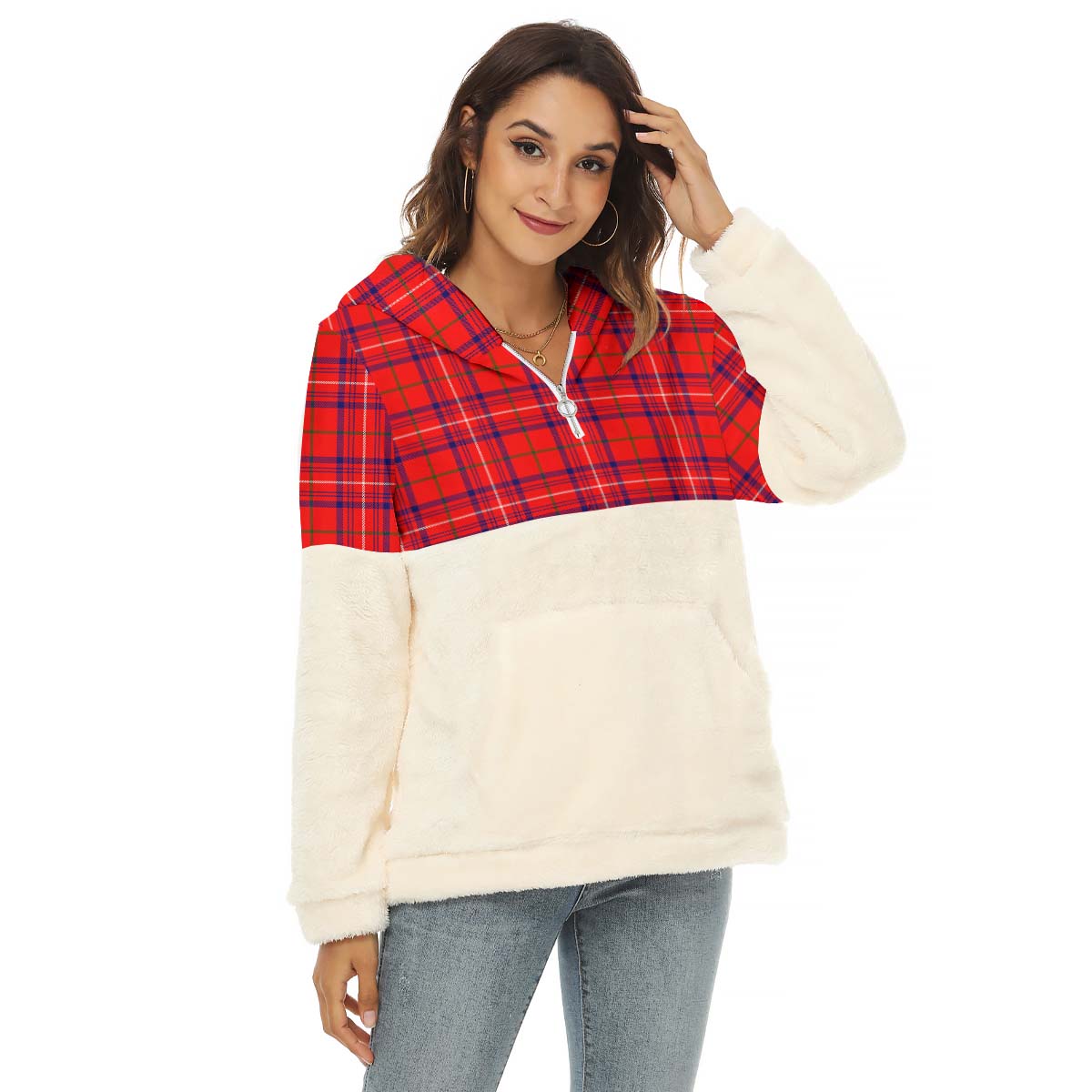 Rose Modern Tartan Women's Borg Fleece Hoodie With Half Zip Female - Tartan Vibes Clothing