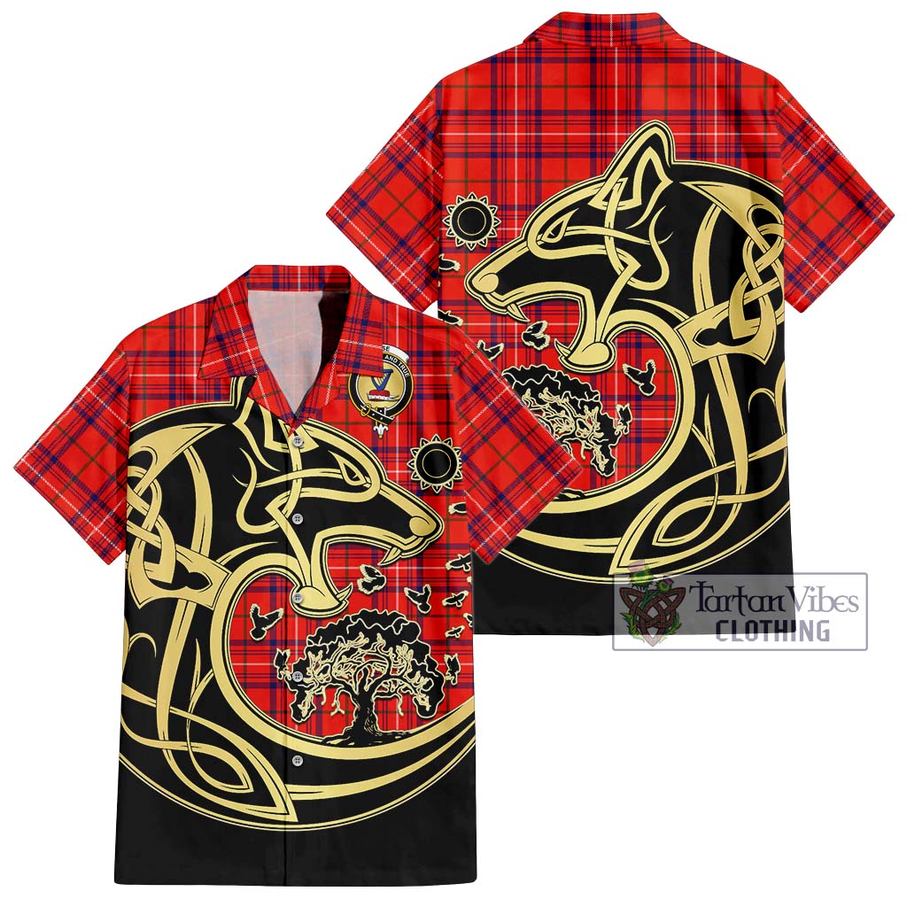 Tartan Vibes Clothing Rose Modern Tartan Short Sleeve Button Shirt with Family Crest Celtic Wolf Style