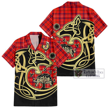 Rose Modern Tartan Short Sleeve Button Shirt with Family Crest Celtic Wolf Style