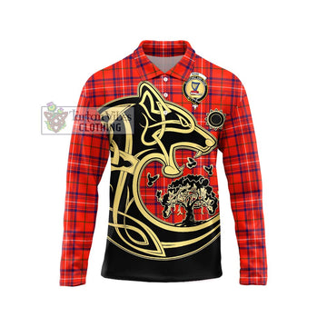 Rose Modern Tartan Long Sleeve Polo Shirt with Family Crest Celtic Wolf Style