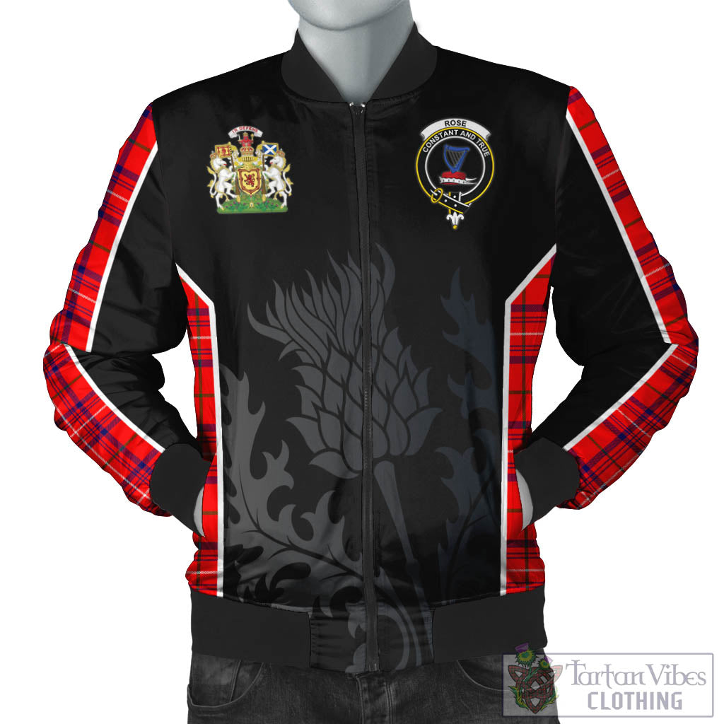 Tartan Vibes Clothing Rose Modern Tartan Bomber Jacket with Family Crest and Scottish Thistle Vibes Sport Style