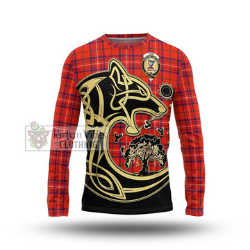 Rose Modern Tartan Long Sleeve T-Shirt with Family Crest Celtic Wolf Style