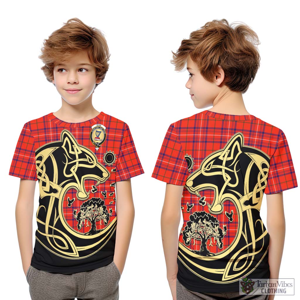 Tartan Vibes Clothing Rose Modern Tartan Kid T-Shirt with Family Crest Celtic Wolf Style