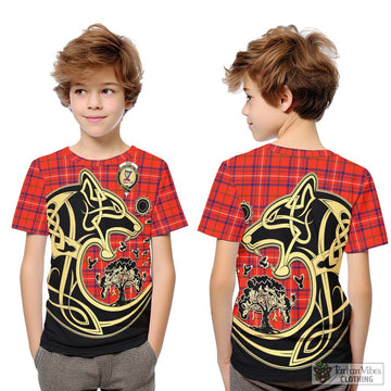 Rose Modern Tartan Kid T-Shirt with Family Crest Celtic Wolf Style