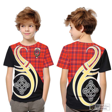 Rose Modern Tartan Kid T-Shirt with Family Crest and Celtic Symbol Style