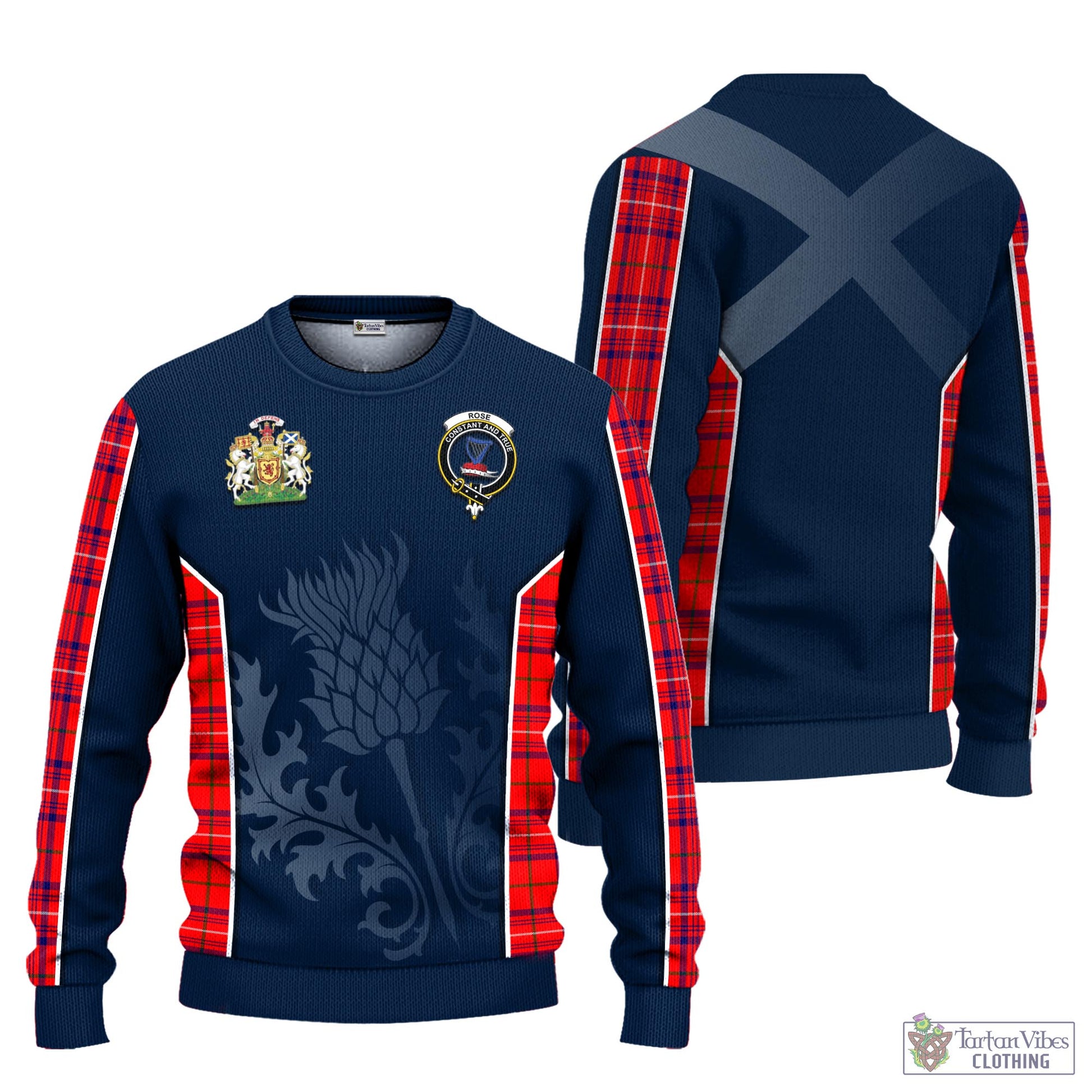 Tartan Vibes Clothing Rose Modern Tartan Knitted Sweatshirt with Family Crest and Scottish Thistle Vibes Sport Style