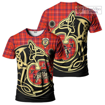 Rose Modern Tartan T-Shirt with Family Crest Celtic Wolf Style