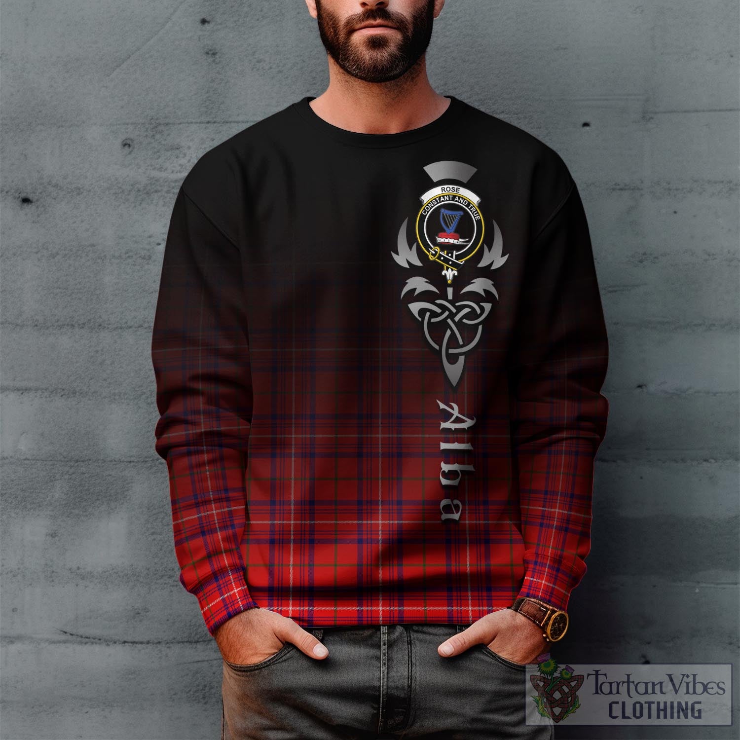 Tartan Vibes Clothing Rose Modern Tartan Sweatshirt Featuring Alba Gu Brath Family Crest Celtic Inspired