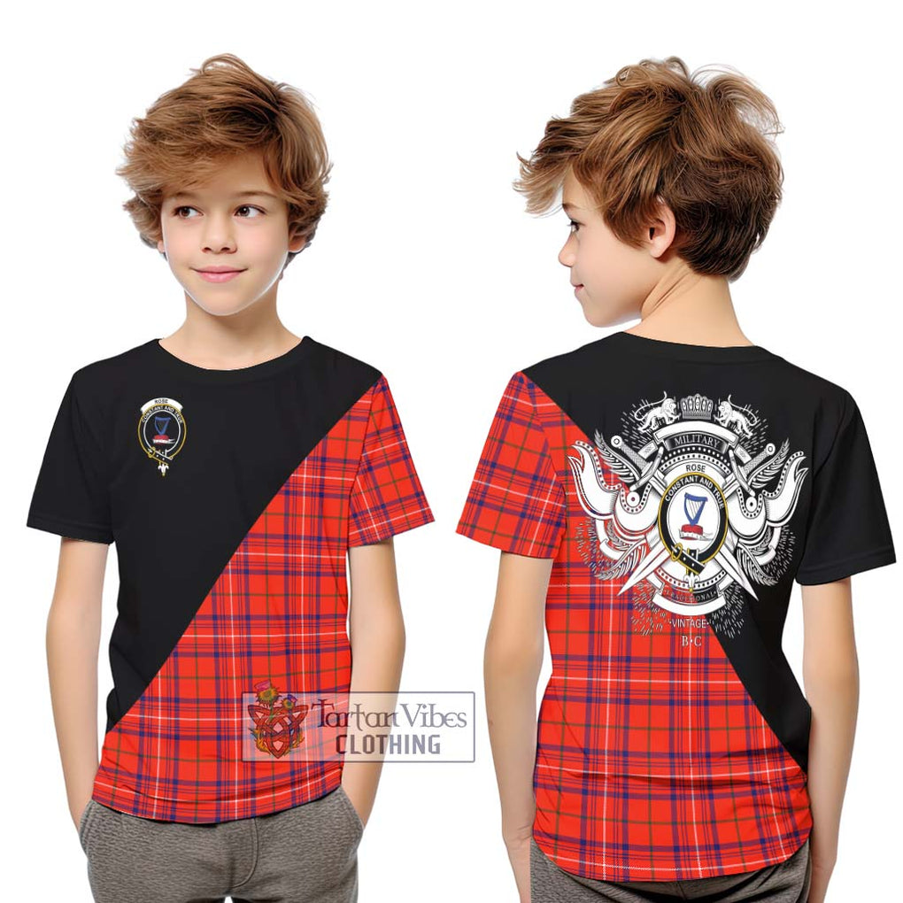 Rose Modern Tartan Kid T-Shirt with Family Crest and Military Logo Style Youth XL Size14 - Tartanvibesclothing Shop