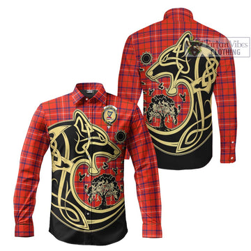 Rose Modern Tartan Long Sleeve Button Shirt with Family Crest Celtic Wolf Style