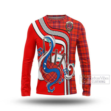 Rose Modern Tartan Long Sleeve T-Shirt with Epic Bagpipe Style