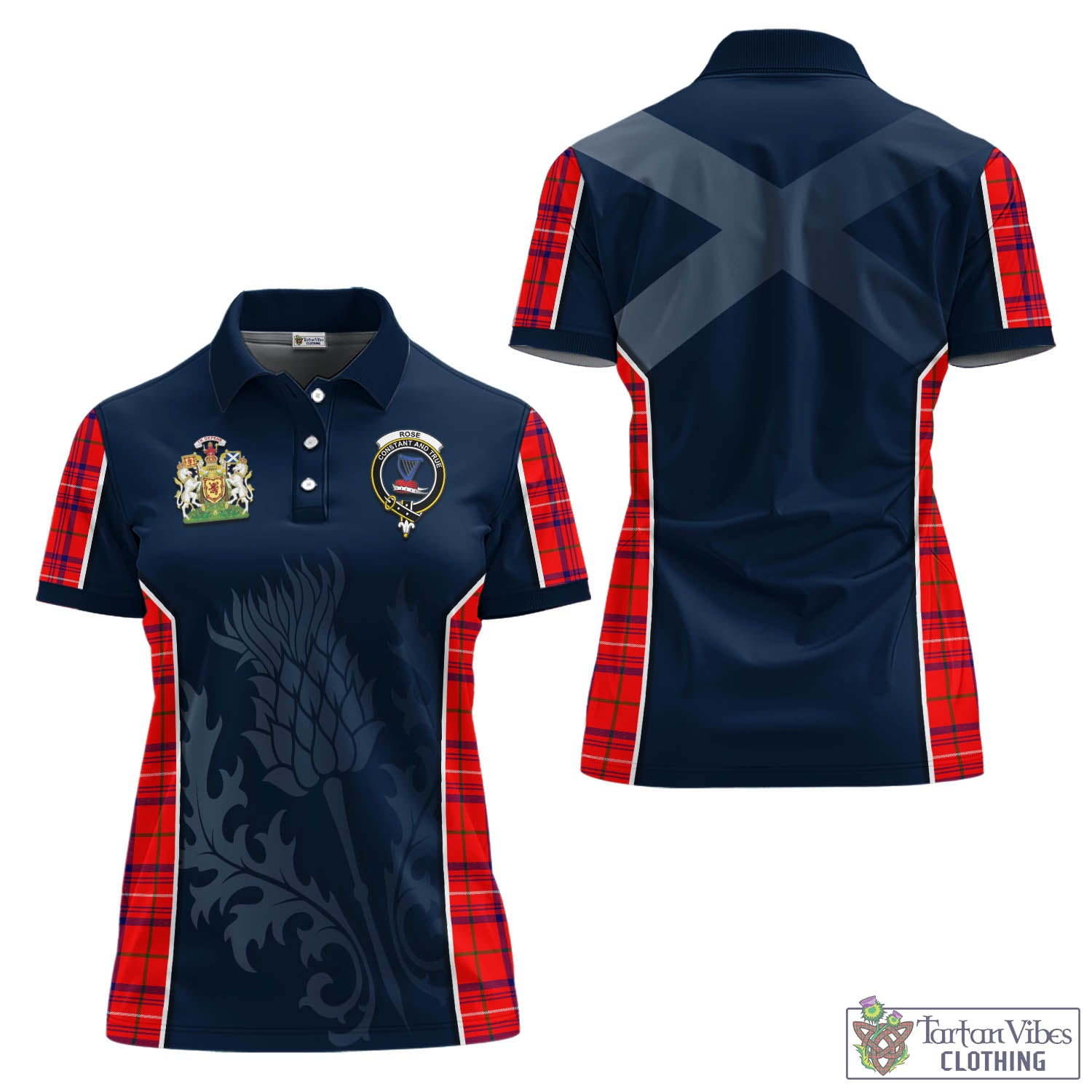 Tartan Vibes Clothing Rose Modern Tartan Women's Polo Shirt with Family Crest and Scottish Thistle Vibes Sport Style