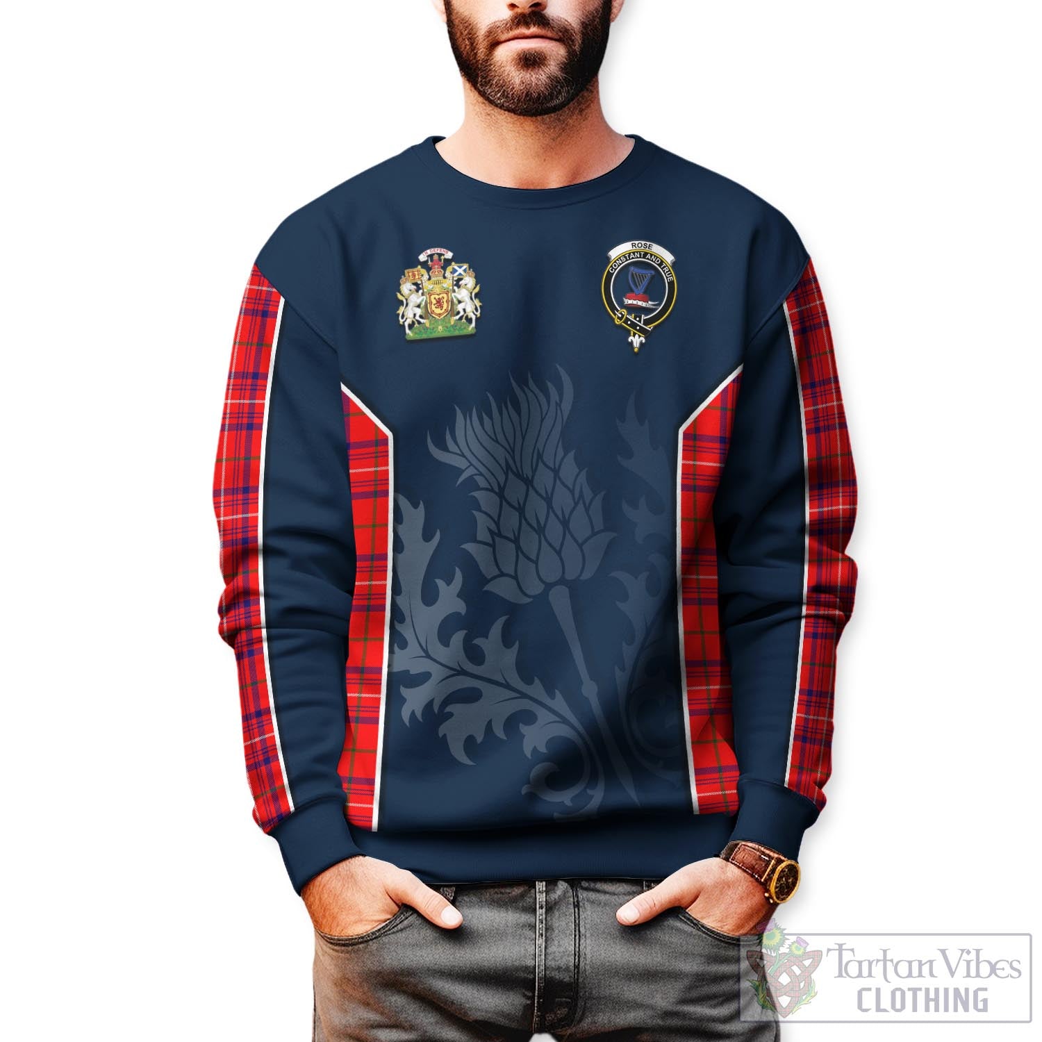 Tartan Vibes Clothing Rose Modern Tartan Sweatshirt with Family Crest and Scottish Thistle Vibes Sport Style