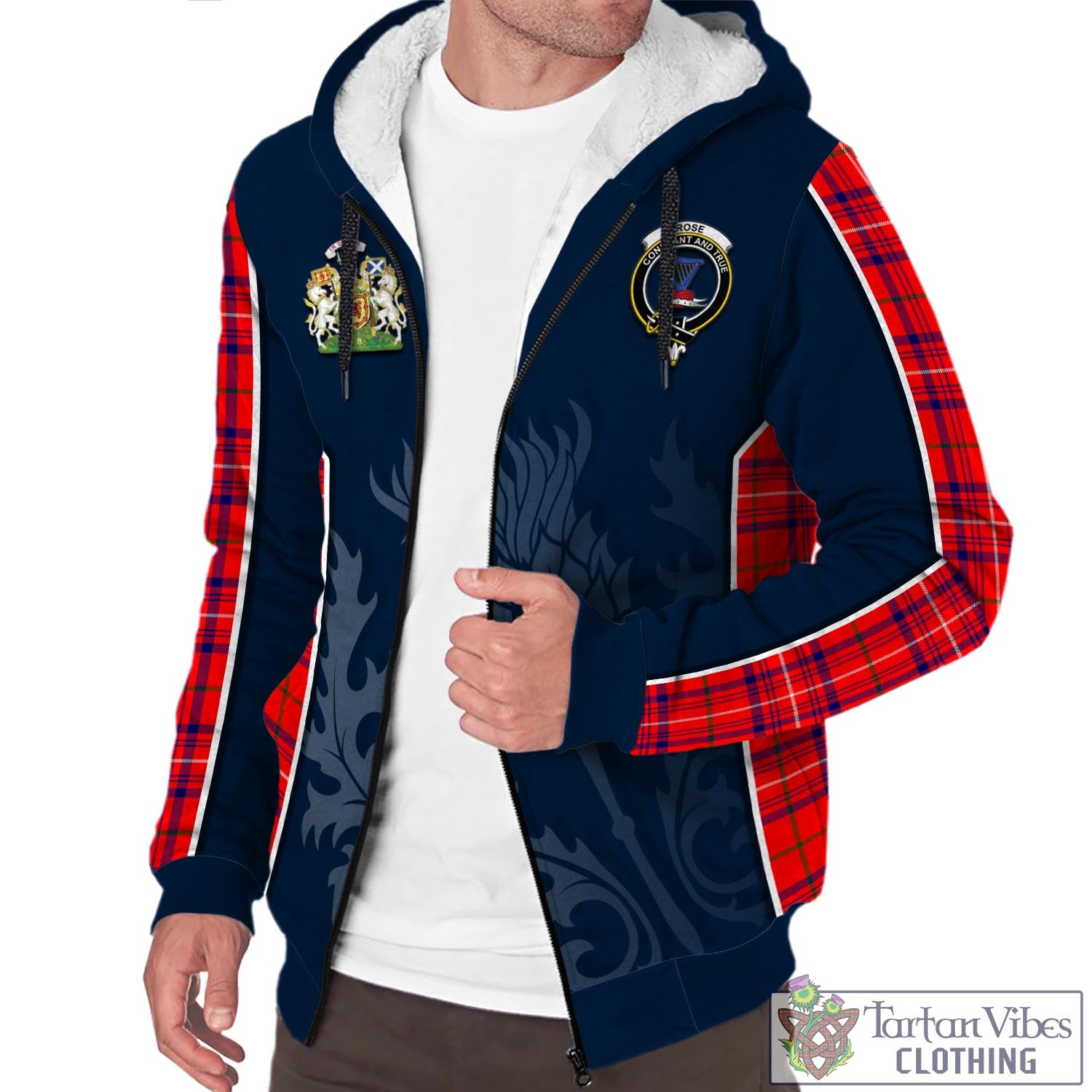 Tartan Vibes Clothing Rose Modern Tartan Sherpa Hoodie with Family Crest and Scottish Thistle Vibes Sport Style