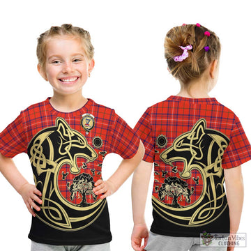 Rose Modern Tartan Kid T-Shirt with Family Crest Celtic Wolf Style
