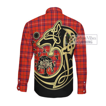 Rose Modern Tartan Long Sleeve Button Shirt with Family Crest Celtic Wolf Style